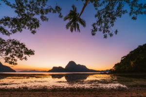 El Nido bay. Palawan, Philippines. Silhouette of palm trees in sunset light. Exotic tropical island in background. El Nido bay. Palawan, Philippines. Silhouette of palm trees in sunset light. Exotic tropical island in background.